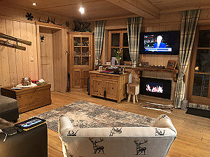 Main living room area with double sofa bed