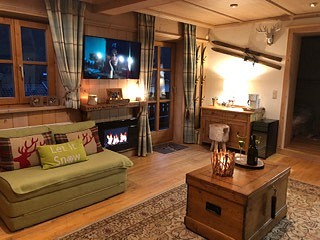 Main living room area with double sofa bed